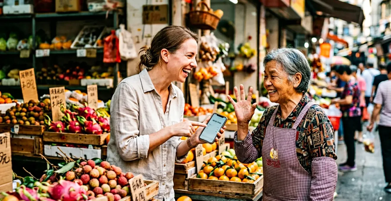 Scène de marché local chinois avec vendeur et touriste négociant des fruits, gestes des mains expressifs