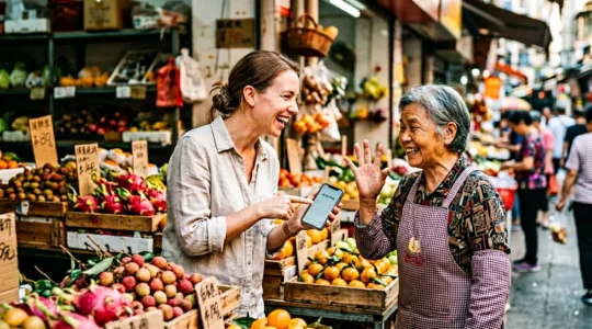 Scène de marché local chinois avec vendeur et touriste négociant des fruits, gestes des mains expressifs