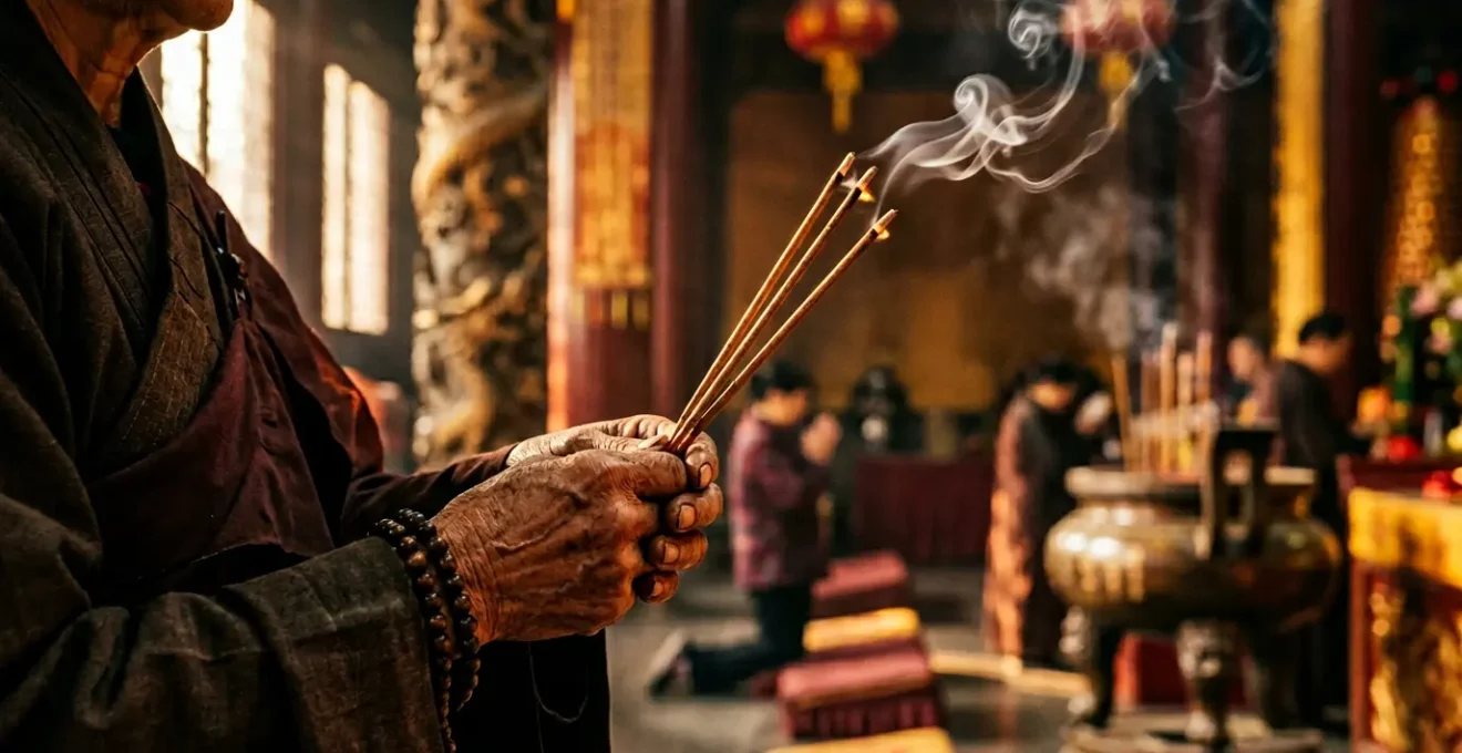 Moine bouddhiste tenant des bâtons d'encens dans un temple chinois