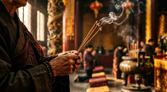 Moine bouddhiste tenant des bâtons d'encens dans un temple chinois