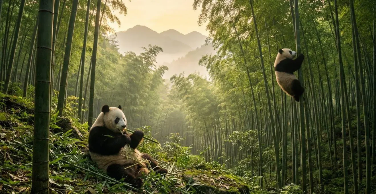 Pandas géants dans leur habitat naturel de bambous à Chengdu