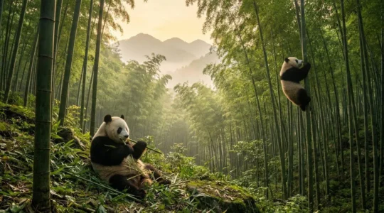 Pandas géants dans leur habitat naturel de bambous à Chengdu