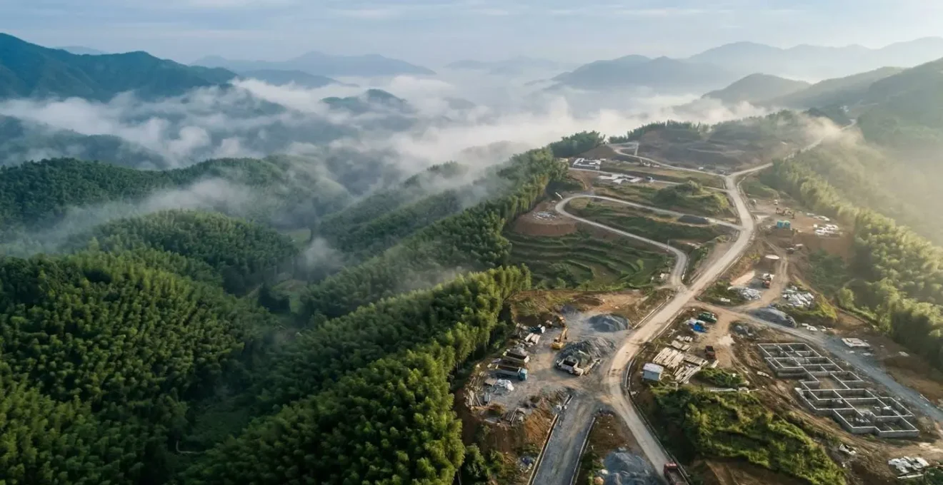 Vue aérienne contrastée d'un parc naturel chinois avec passerelle touristique et nature préservée