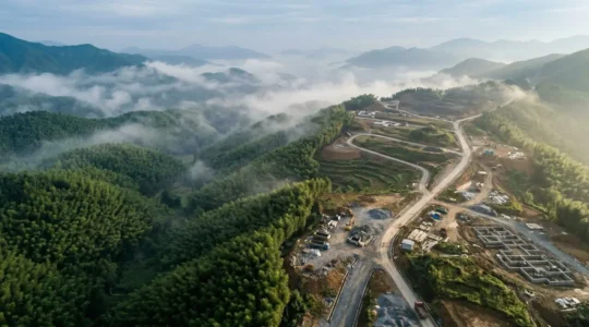 Vue aérienne contrastée d'un parc naturel chinois avec passerelle touristique et nature préservée