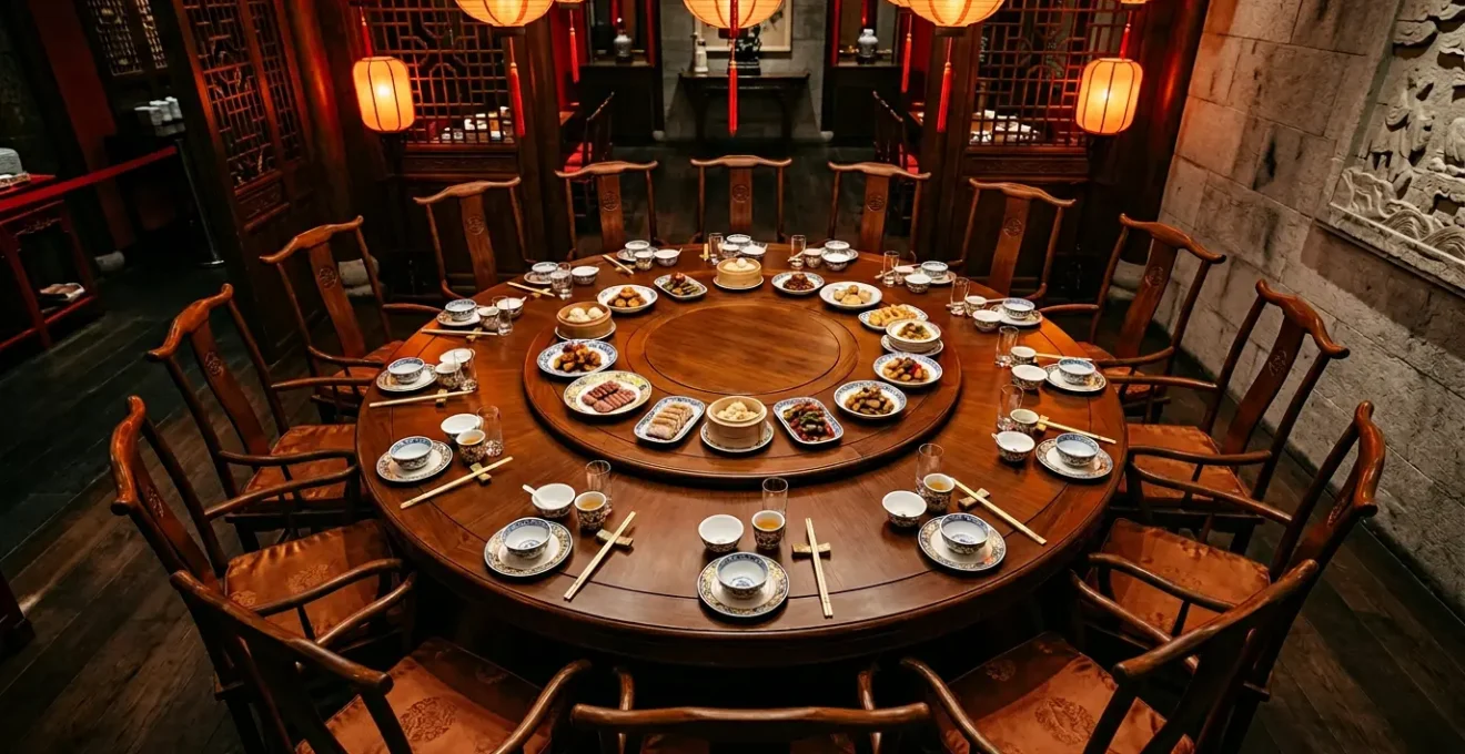 Scène de banquet chinois élégant avec plateau tournant en bois au centre d'une table ronde, plats traditionnels disposés, atmosphère chaleureuse