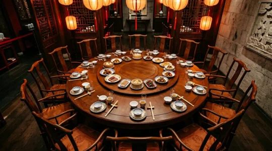 Scène de banquet chinois élégant avec plateau tournant en bois au centre d'une table ronde, plats traditionnels disposés, atmosphère chaleureuse