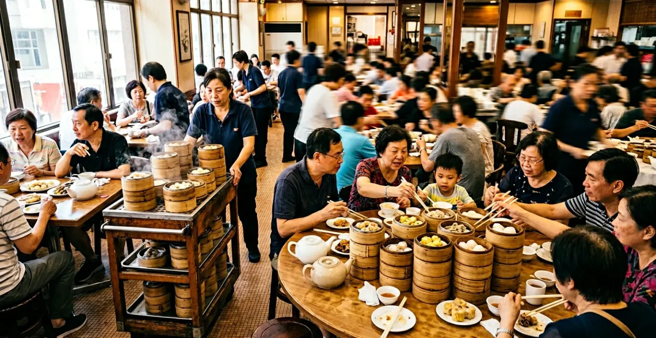 Vue d'ensemble d'un restaurant de dim sum traditionnel avec des chariots en bambou et une table ronde familiale