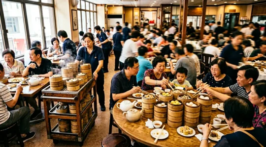 Vue d'ensemble d'un restaurant de dim sum traditionnel avec des chariots en bambou et une table ronde familiale
