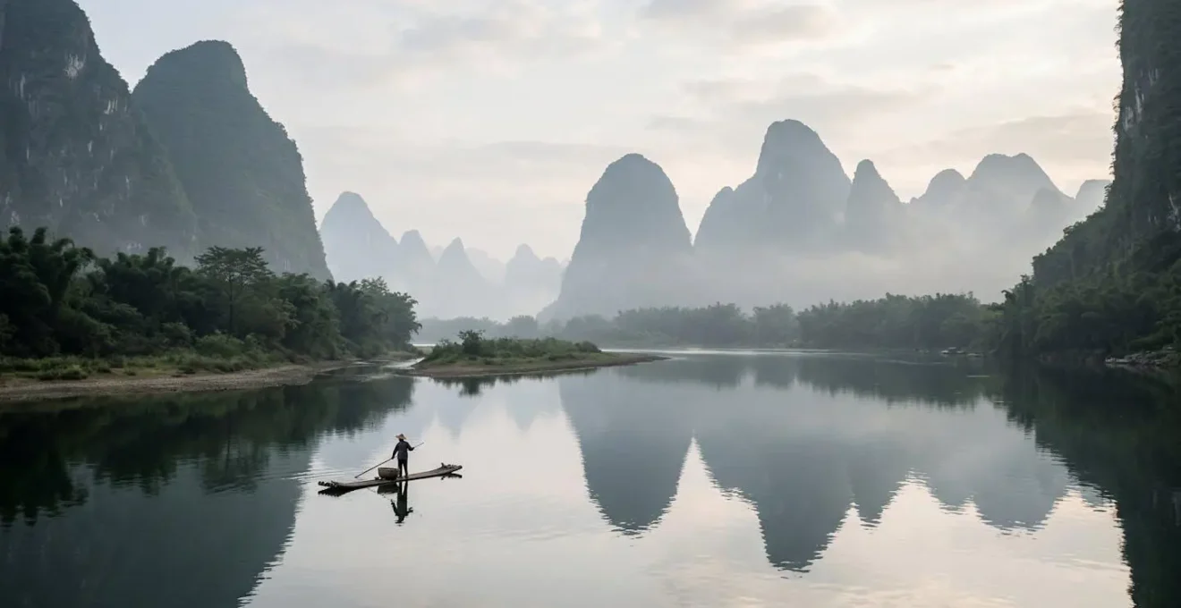 Paysage emblématique de la rivière Li avec ses pics karstiques iconiques reproduits sur le billet de 20 yuan chinois