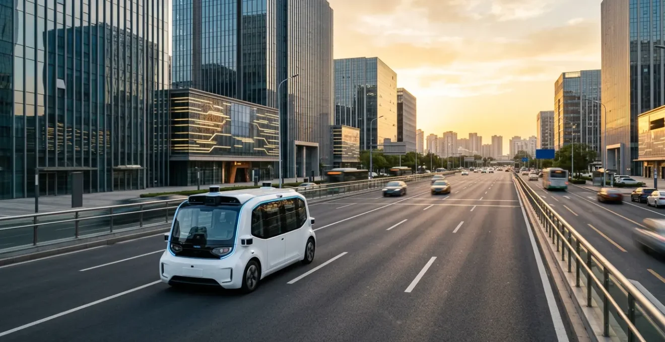 Vue futuriste d'un robotaxi autonome Apollo Go dans les rues technologiques de Pékin