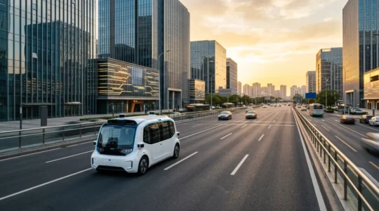 Vue futuriste d'un robotaxi autonome Apollo Go dans les rues technologiques de Pékin