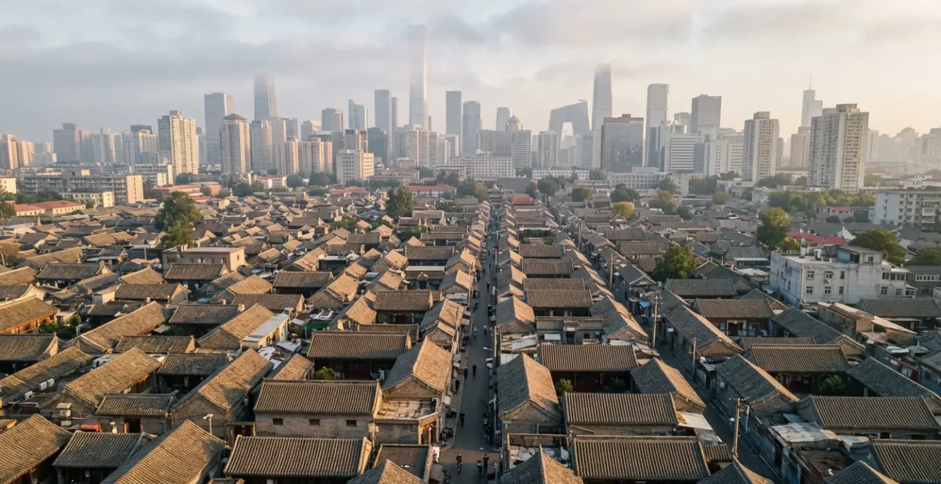 Vue aérienne d'un contraste saisissant entre les ruelles traditionnelles de Guangzhou et les gratte-ciels modernes qui les encerclent