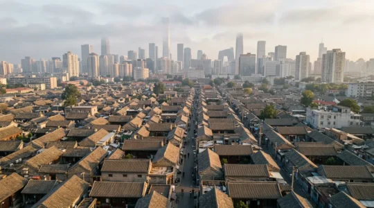 Vue aérienne d'un contraste saisissant entre les ruelles traditionnelles de Guangzhou et les gratte-ciels modernes qui les encerclent