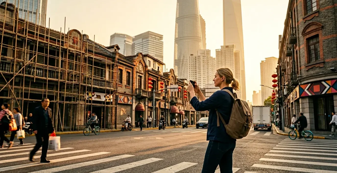 Touriste utilisant son smartphone pour naviguer dans les rues animées de Shanghai