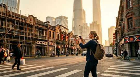 Touriste utilisant son smartphone pour naviguer dans les rues animées de Shanghai