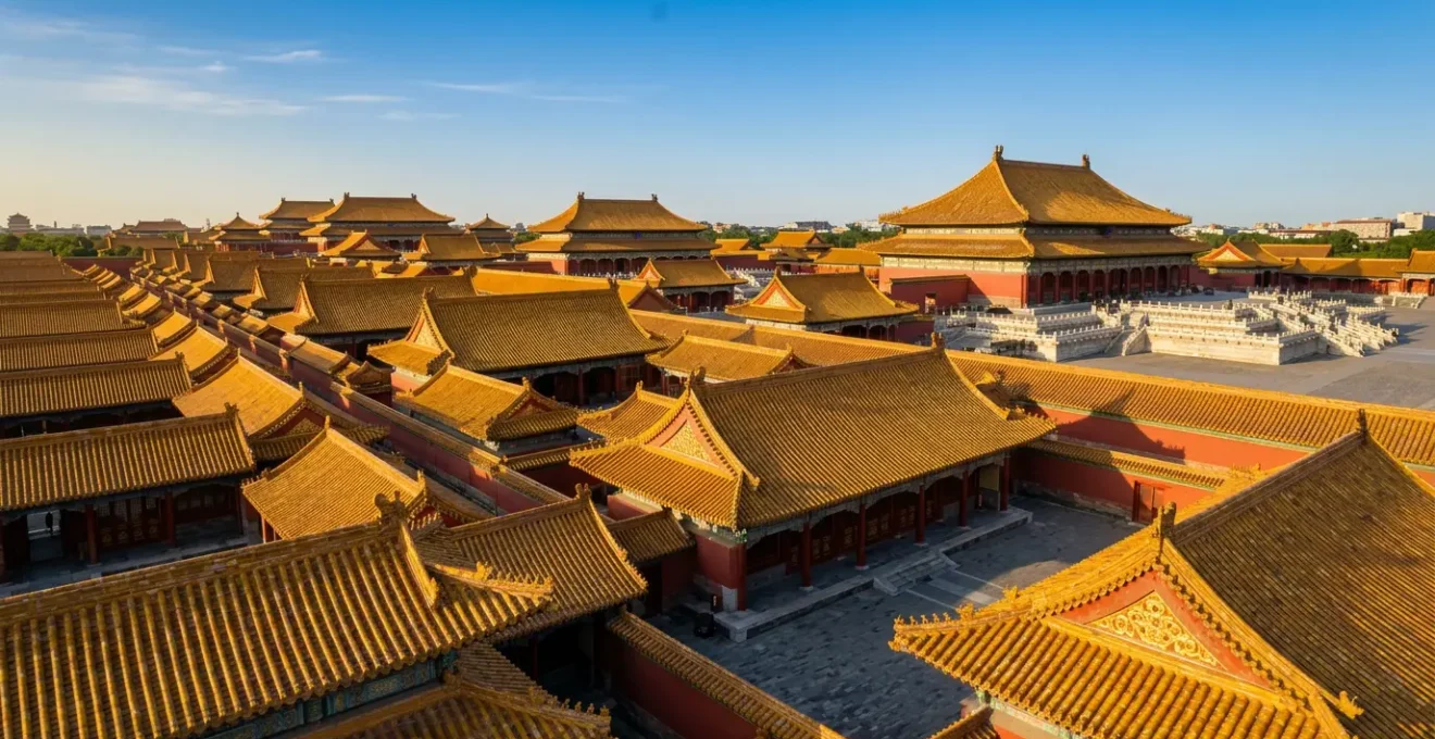 Vue aérienne des toits jaunes dorés de la Cité Interdite avec des tuiles vernissées brillant sous le soleil de Pékin