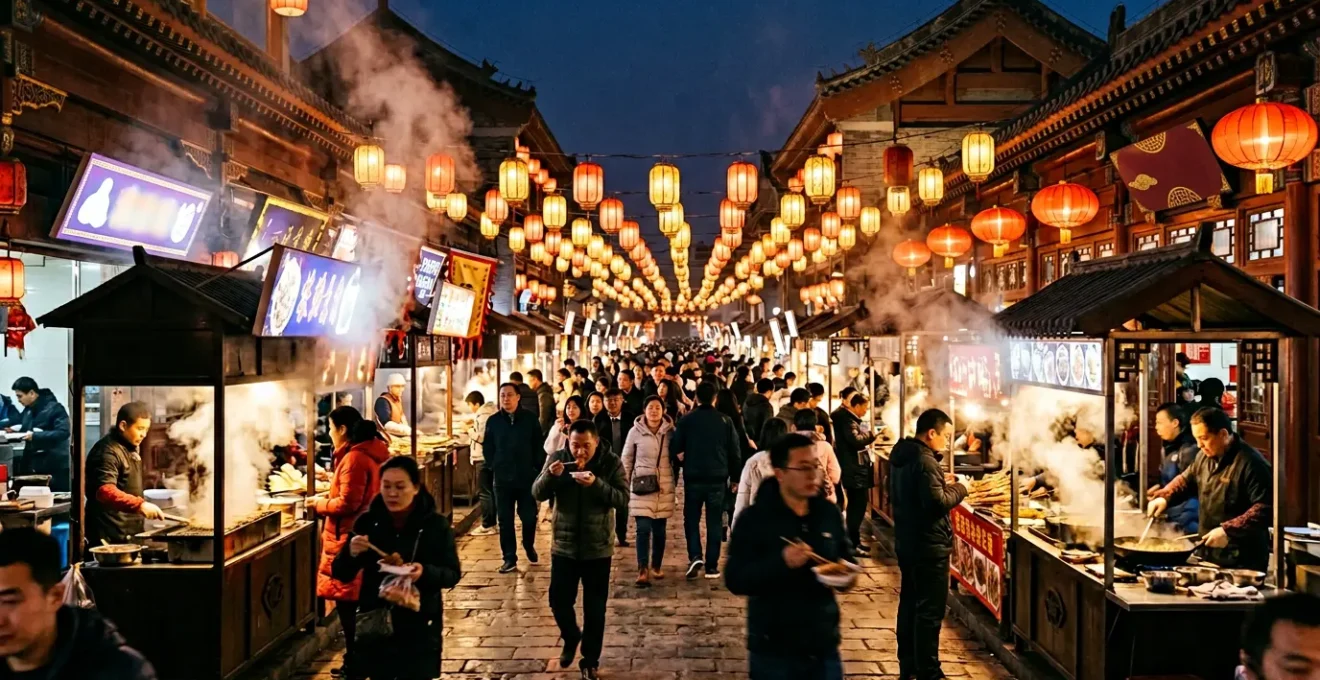 Vue nocturne d'un marché de street food animé à Pékin avec des lanternes rouges et de la vapeur s'élevant des stands