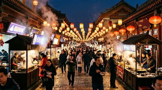 Vue nocturne d'un marché de street food animé à Pékin avec des lanternes rouges et de la vapeur s'élevant des stands