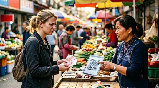 Touriste occidental regardant avec perplexité un vendeur de rue chinois qui montre un QR code pour paiement mobile à Shanghai