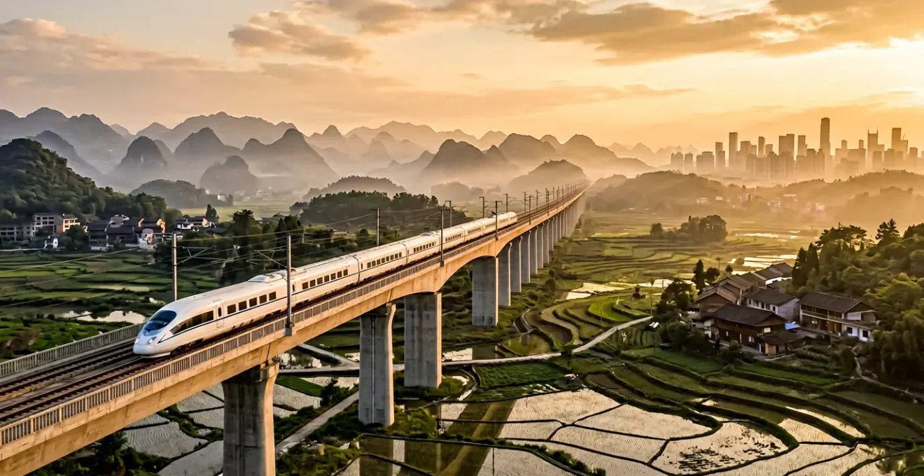 Train à grande vitesse chinois traversant un paysage entre tradition et modernité
