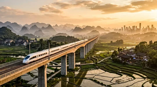 Train à grande vitesse chinois traversant un paysage entre tradition et modernité