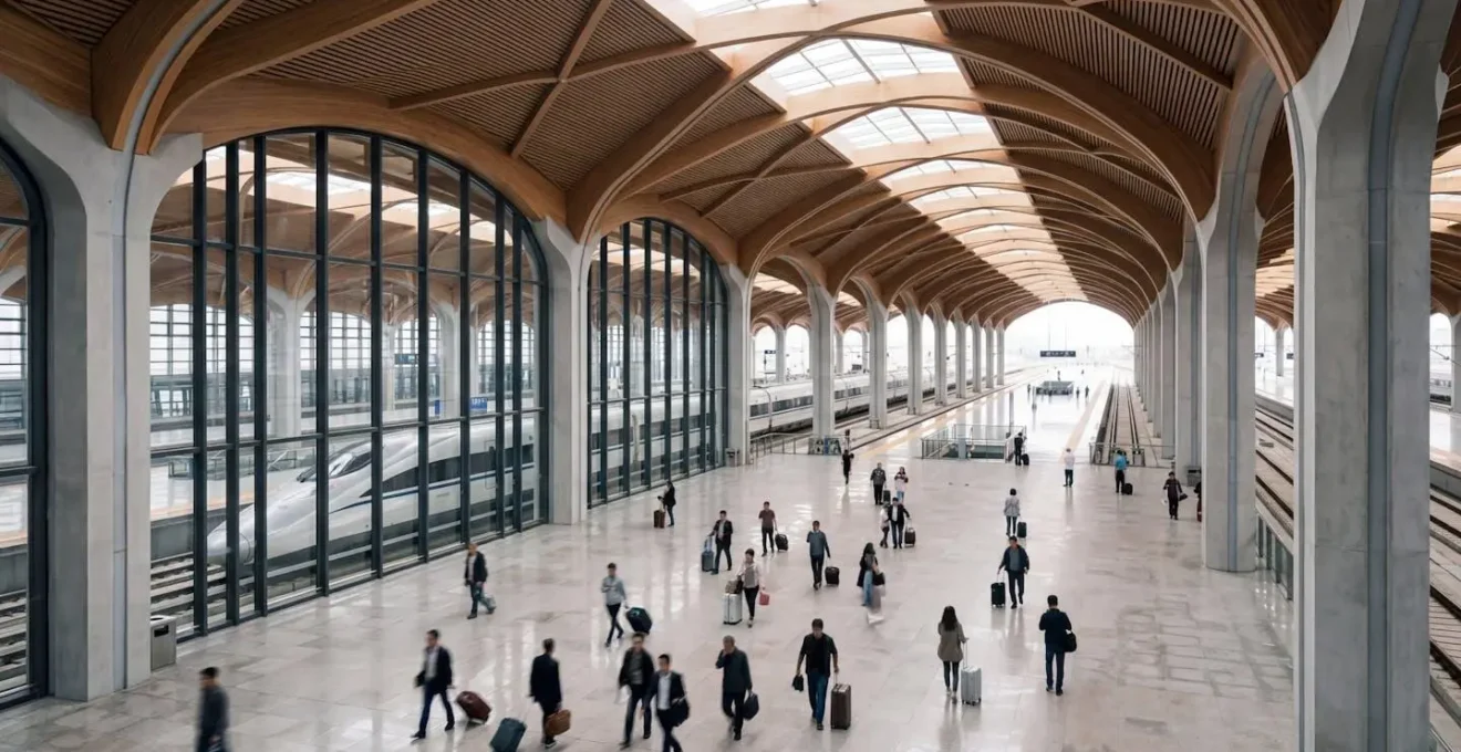Intérieur moderne d'une gare ferroviaire chinoise avec voyageurs et train à grande vitesse