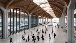 Intérieur moderne d'une gare ferroviaire chinoise avec voyageurs et train à grande vitesse