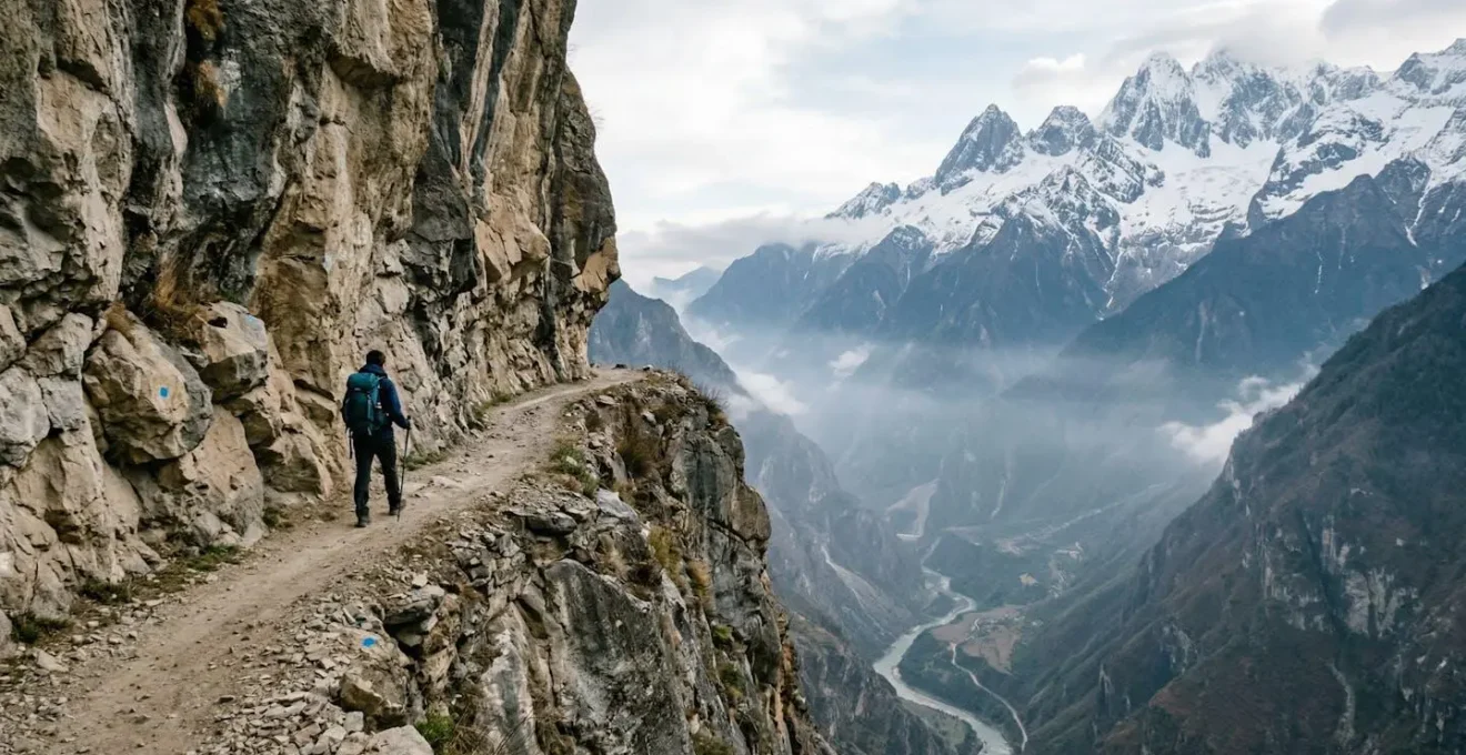 Randonneur sur le sentier escarpé des Gorges du Saut du Tigre avec vue sur les sommets himalayens