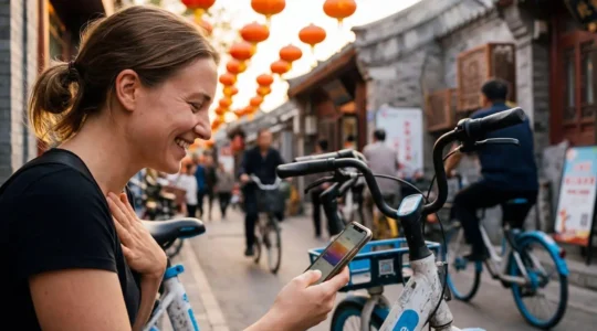 Touriste européen scannant un code QR sur un vélo partagé dans une rue animée de Pékin