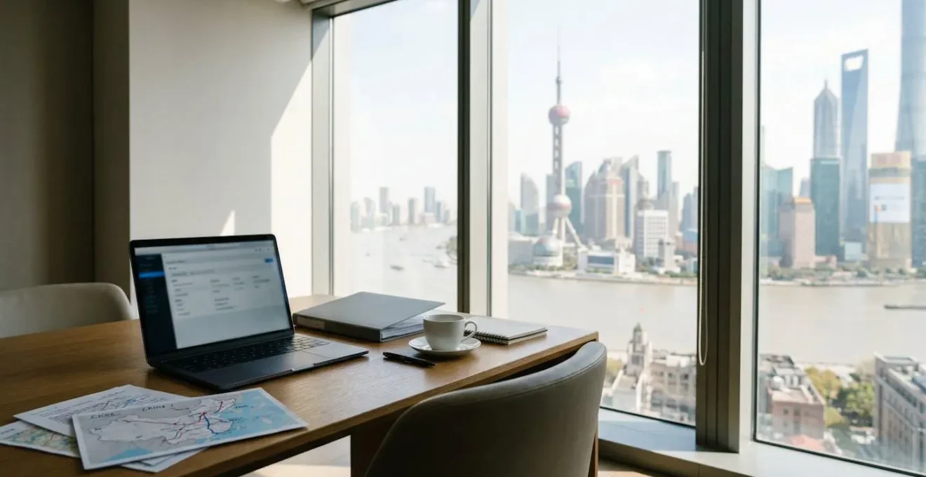 Bureau moderne avec vue sur la skyline de Shanghai à travers les fenêtres, ordinateur portable montrant des documents administratifs floutés, carte de Chine épinglée au mur, tasse de café français sur le bureau