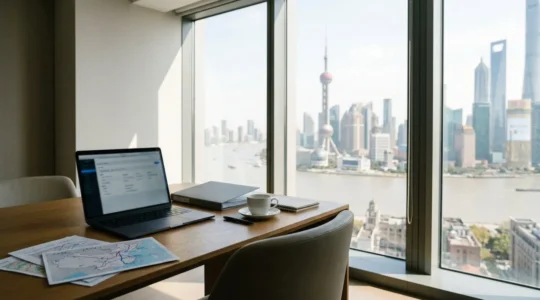Bureau moderne avec vue sur la skyline de Shanghai à travers les fenêtres, ordinateur portable montrant des documents administratifs floutés, carte de Chine épinglée au mur, tasse de café français sur le bureau