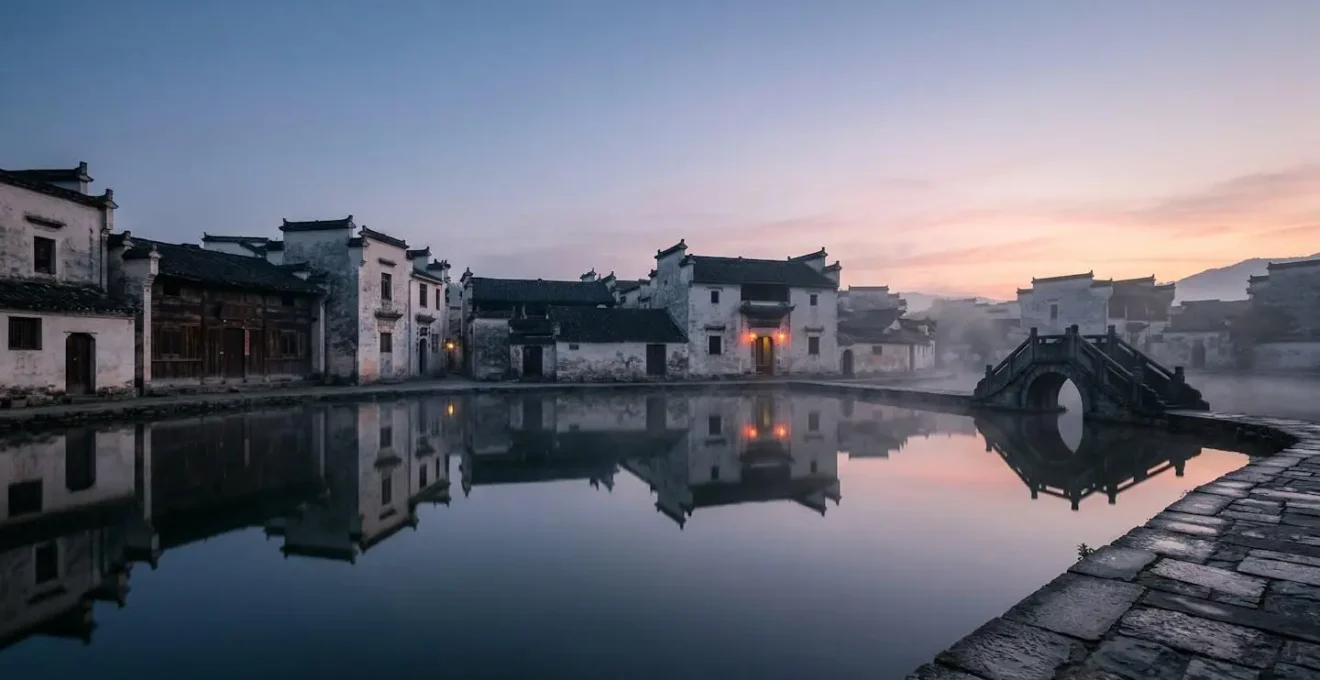 Village traditionnel de Hongcun dans la brume matinale avec ses maisons blanches et toits noirs reflétés dans l'étang de la Lune