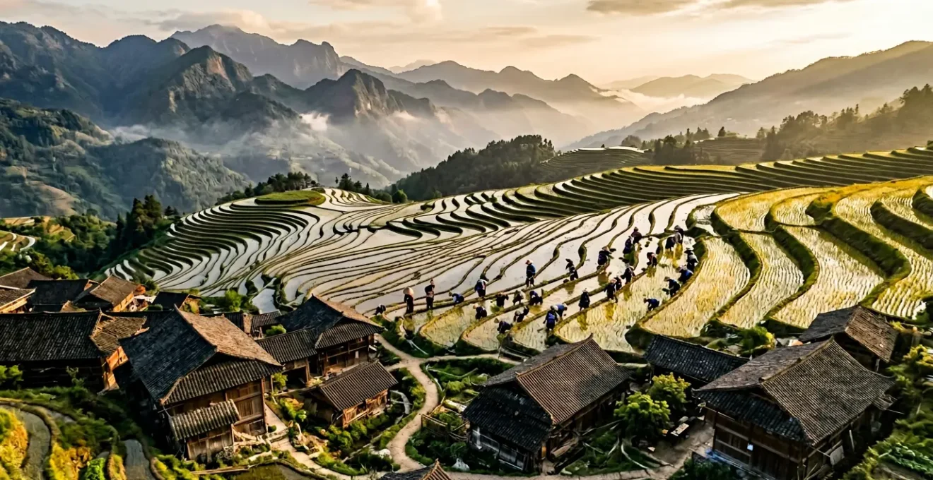 Vue aérienne d'un village traditionnel chinois niché entre les rizières en terrasses et les montagnes, avec des villageois travaillant ensemble dans les champs