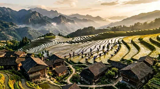 Vue aérienne d'un village traditionnel chinois niché entre les rizières en terrasses et les montagnes, avec des villageois travaillant ensemble dans les champs