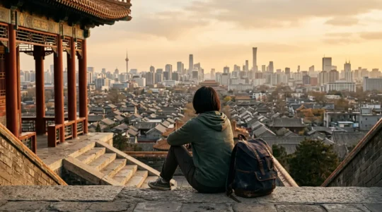 Voyageur contemplant l'immensité architecturale de Pékin depuis un point de vue surélevé
