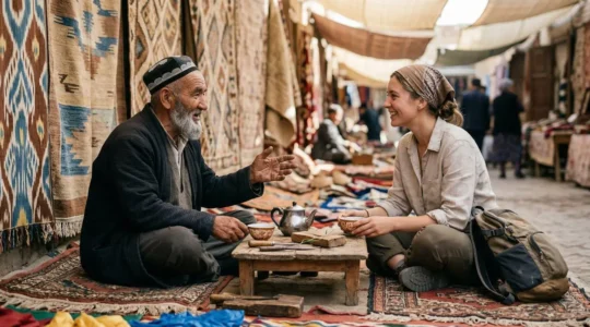 Voyageur occidental en interaction respectueuse avec des artisans locaux dans un marché traditionnel d'Asie centrale