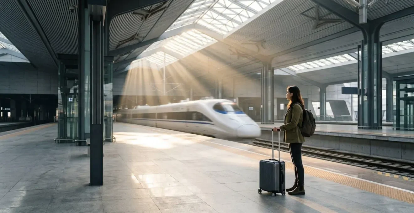 Un voyageur avec sa valise sur le quai d'une gare moderne chinoise devant un train à grande vitesse