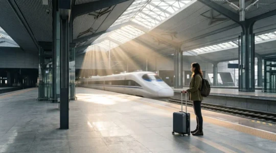 Un voyageur avec sa valise sur le quai d'une gare moderne chinoise devant un train à grande vitesse