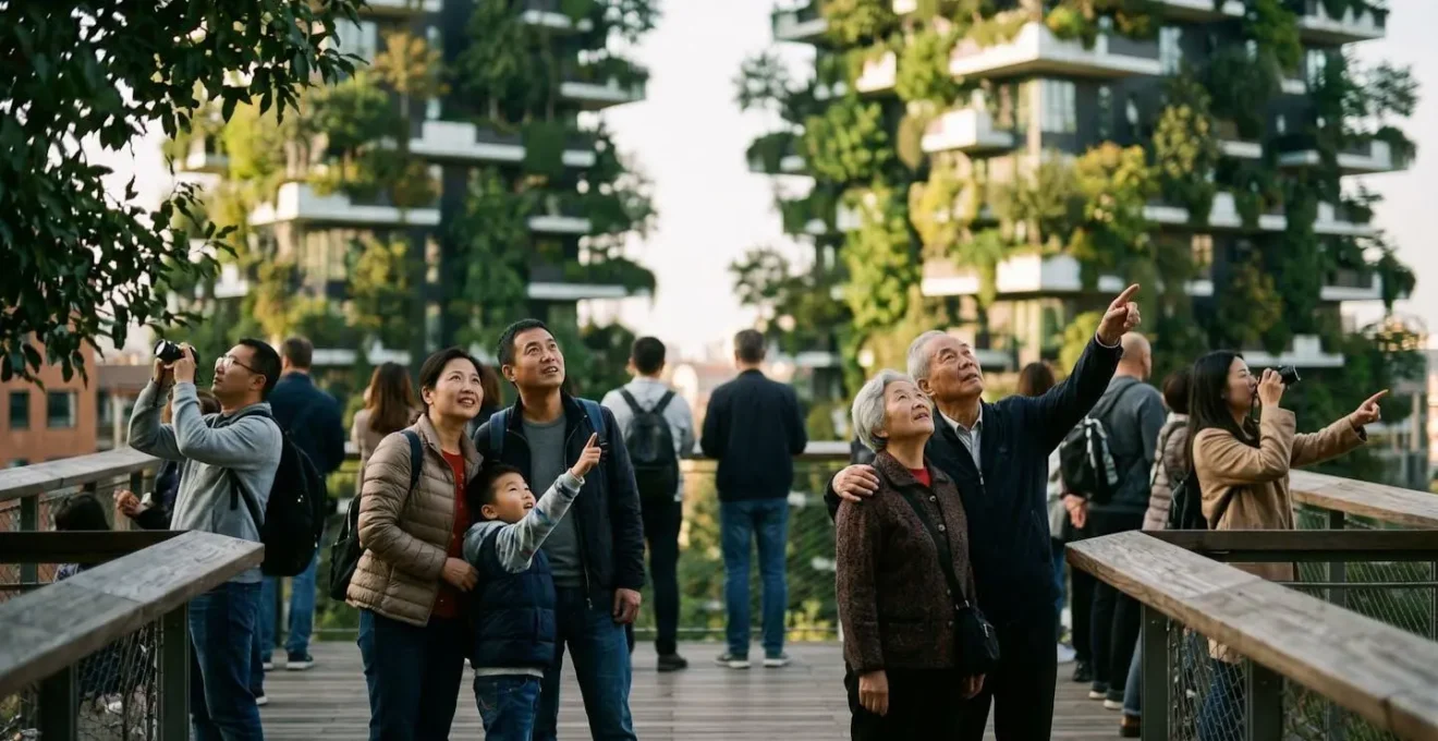 Visiteurs observant les tours végétalisées depuis un espace public aménagé