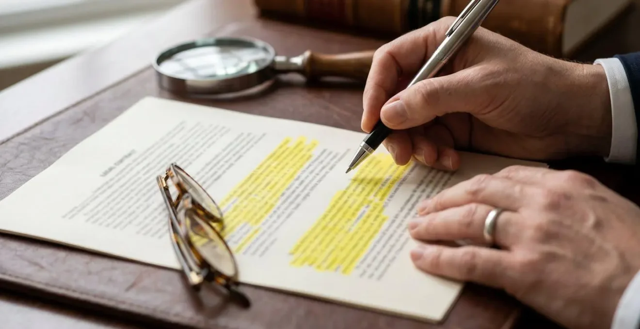 Mains professionnelles pointant des sections d'un contrat avec surligneur, loupe posée sur le document, ambiance bureau juridique