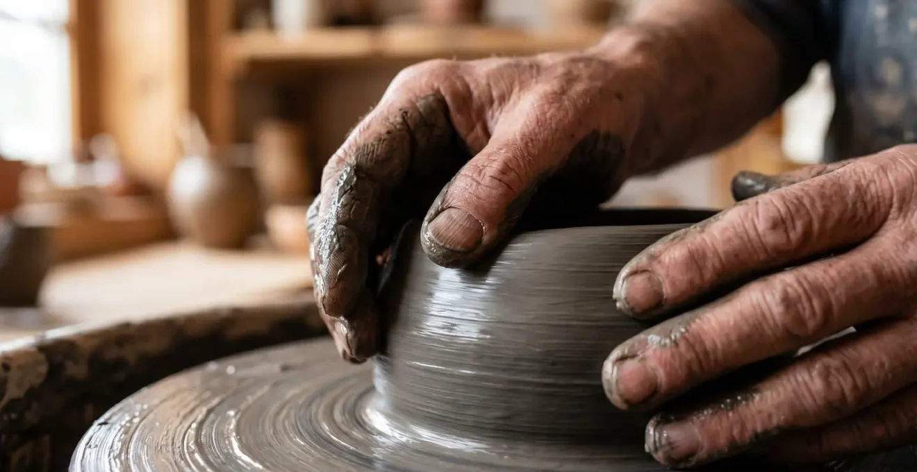 Mains d'un artisan façonnant une céramique traditionnelle dans un atelier de Jingdezhen, Chine