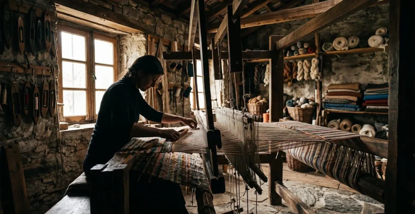 Artisan travaillant sur un métier à tisser traditionnel dans son atelier familial
