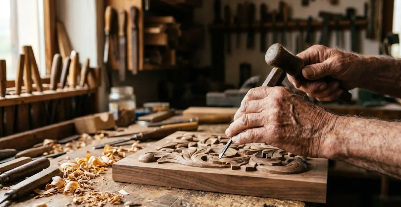 Atelier d'artisan traditionnel avec outils de sculpture sur bois et copeaux éparpillés
