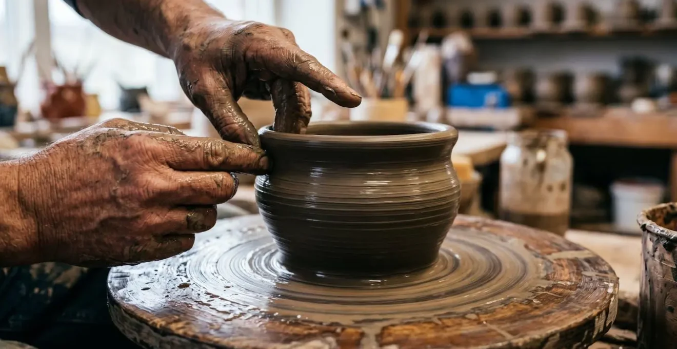 Artiste céramiste au travail dans son atelier traditionnel de Jingdezhen