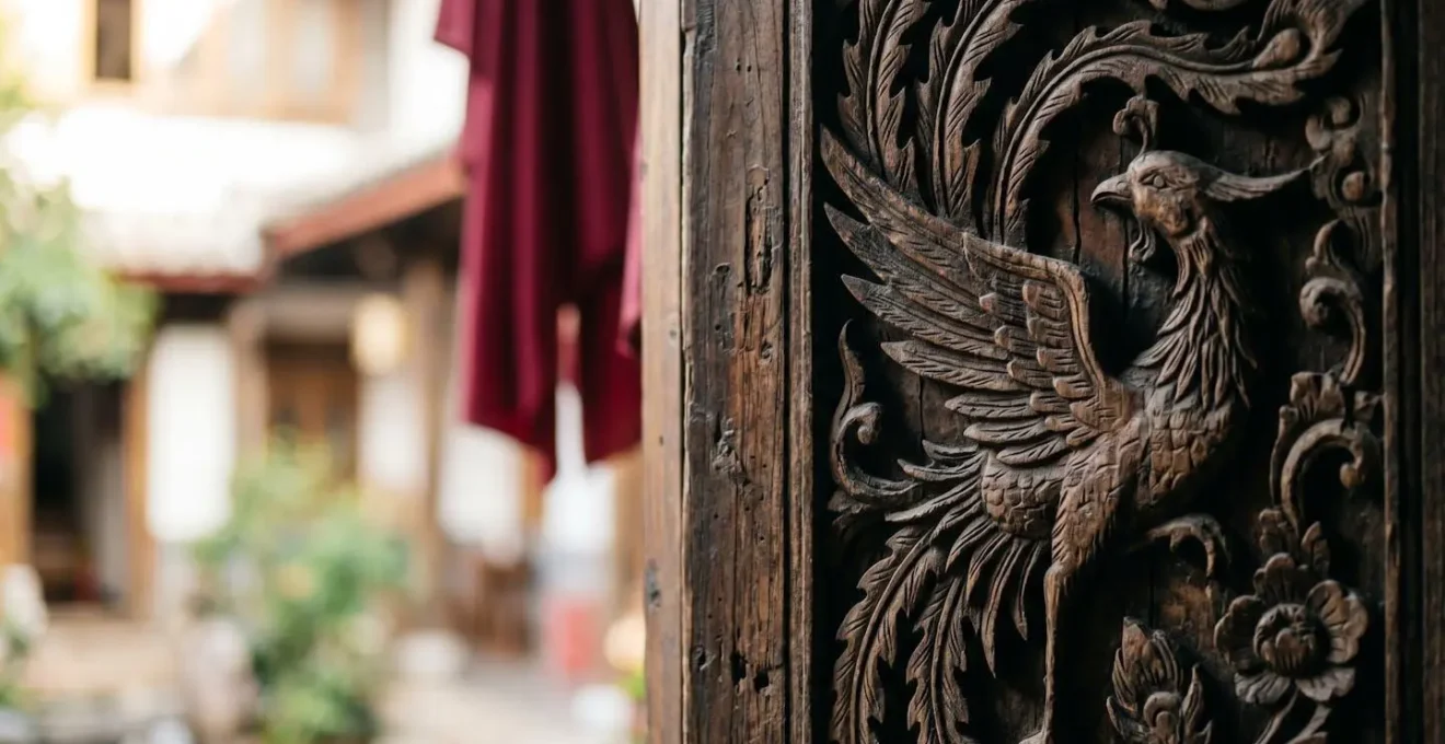 Cour intérieure d'une auberge traditionnelle de Hongcun au petit matin avec architecture en bois sculpté