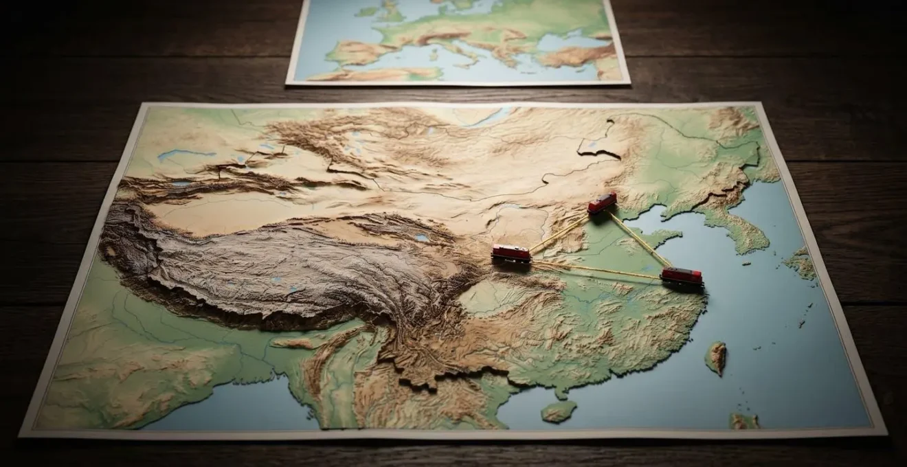 Carte superposant le trajet Pékin-Xi'an-Shanghai sur une carte de l'Europe pour illustrer les distances considérables.