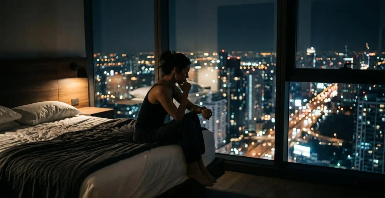 Chambre d'hôtel luxueuse au 80ème étage avec vue nocturne sur les lumières de la ville