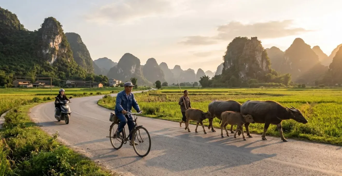 Scène de circulation rurale en Chine avec vélo, buffle et scooter électrique