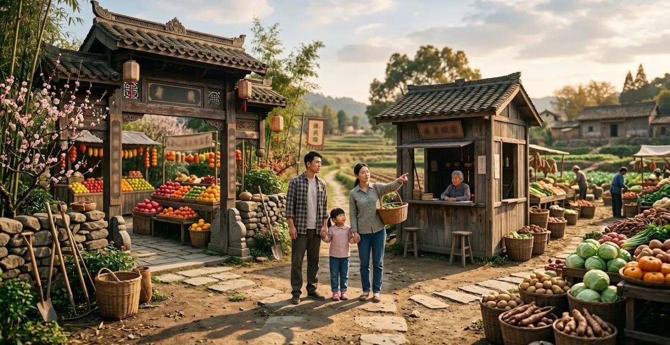 Panneau d'entrée de ferme chinoise avec visiteurs hésitant entre deux portes