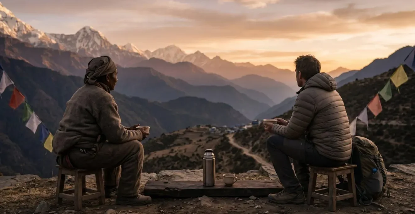 Guide local et voyageur partageant un moment de thé en silence avec vue sur les montagnes